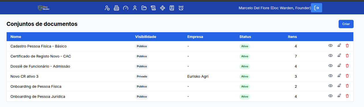 Tela de conjuntos de documentos no Doc Warden