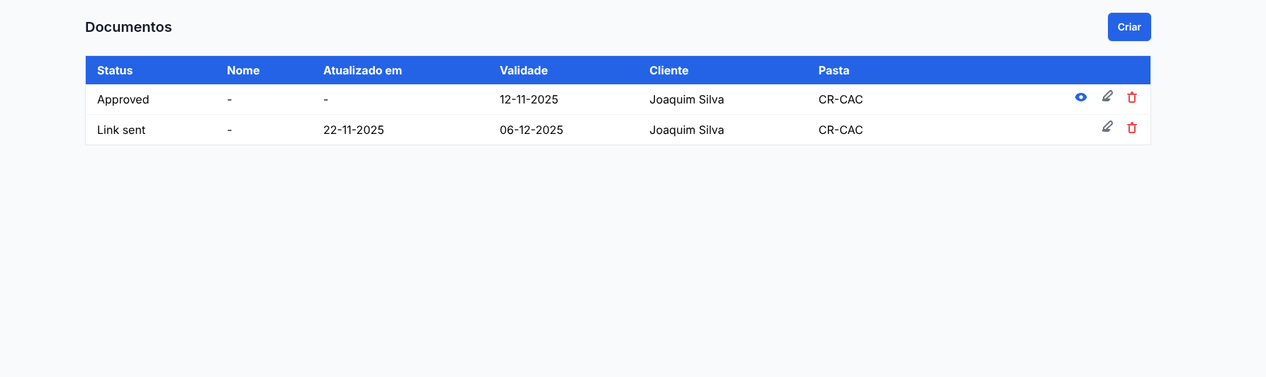 Lista de documentos com status e datas no Doc Warden