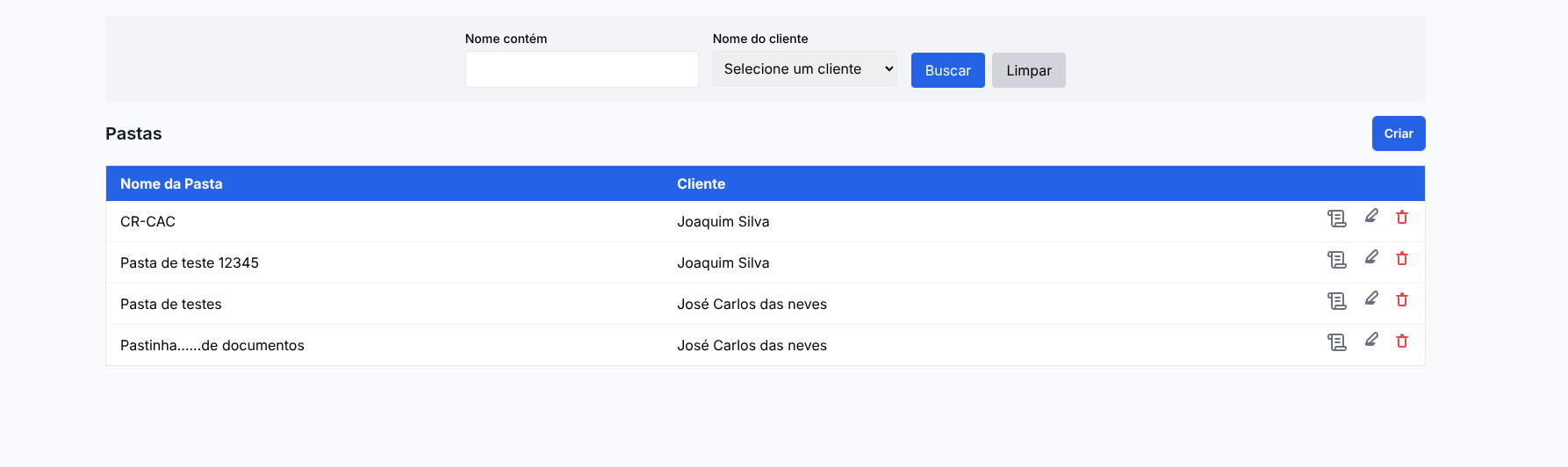 Lista de pastas organizadas por cliente no Doc Warden